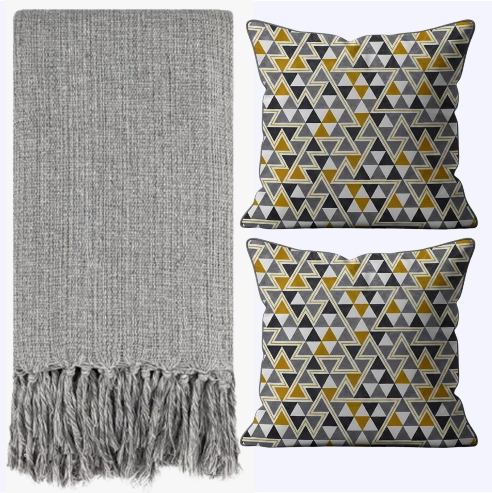 Kit 1 Manta Para Sofá 2,40 X 1,80 + 2 Capas de Almofada Cor:Cinza-Amarelo