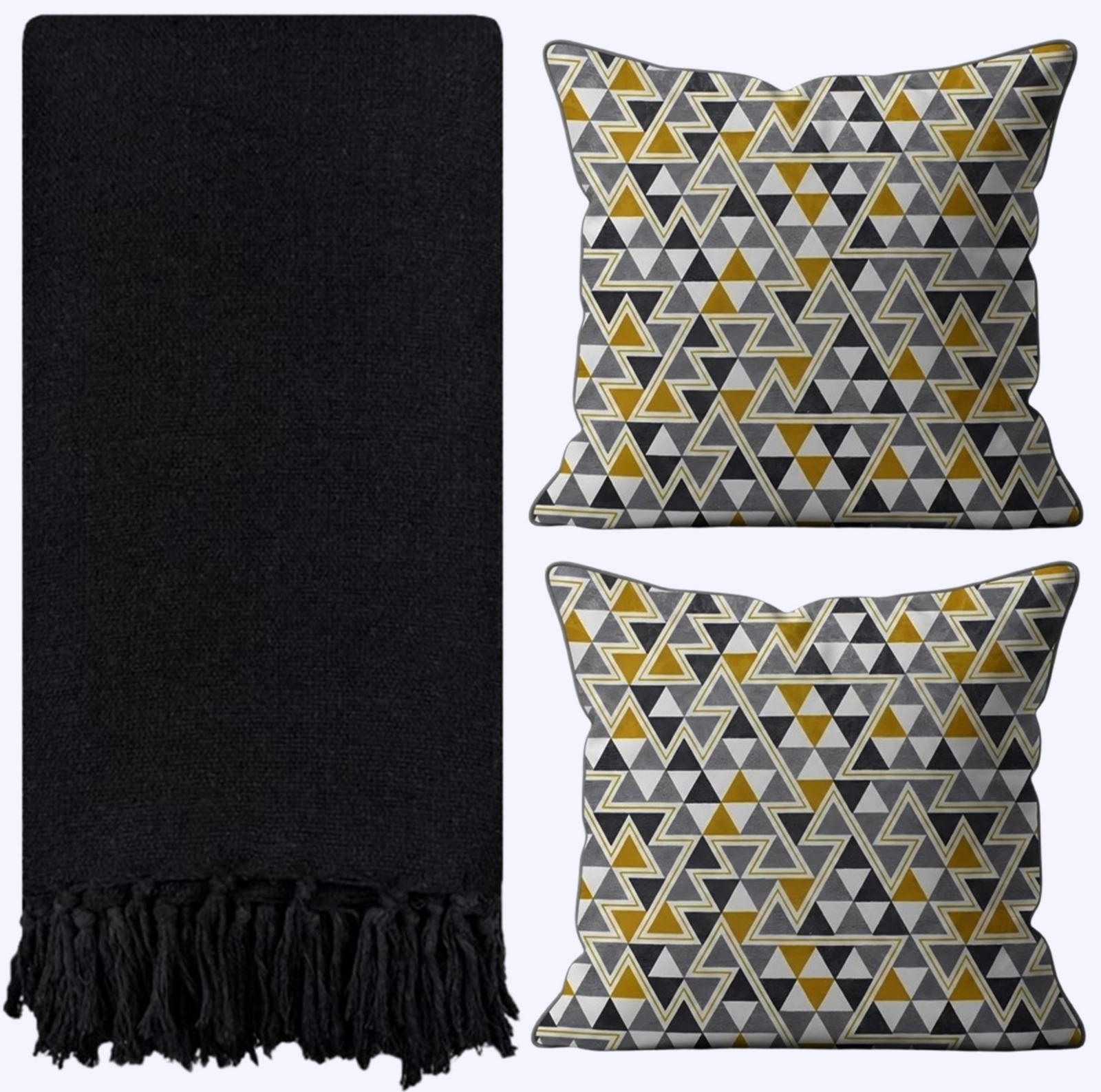 Kit 1 Manta Para Sofá 2,40 X 1,80 + 2 Capas de Almofada Cor:Preto-Amarelo