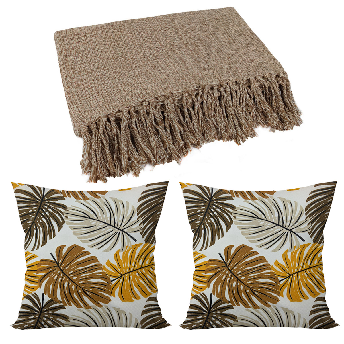 Kit 1 Manta Para Sofá Gigante + 2 Capas De Almofada Cor:Caramelo-Marrom